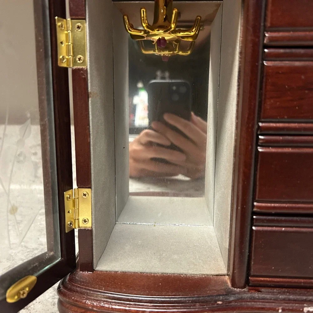 Vintage Wood Jewelry Armoire Large Brown Etched Glass 4-Drawer Rotating Hooks